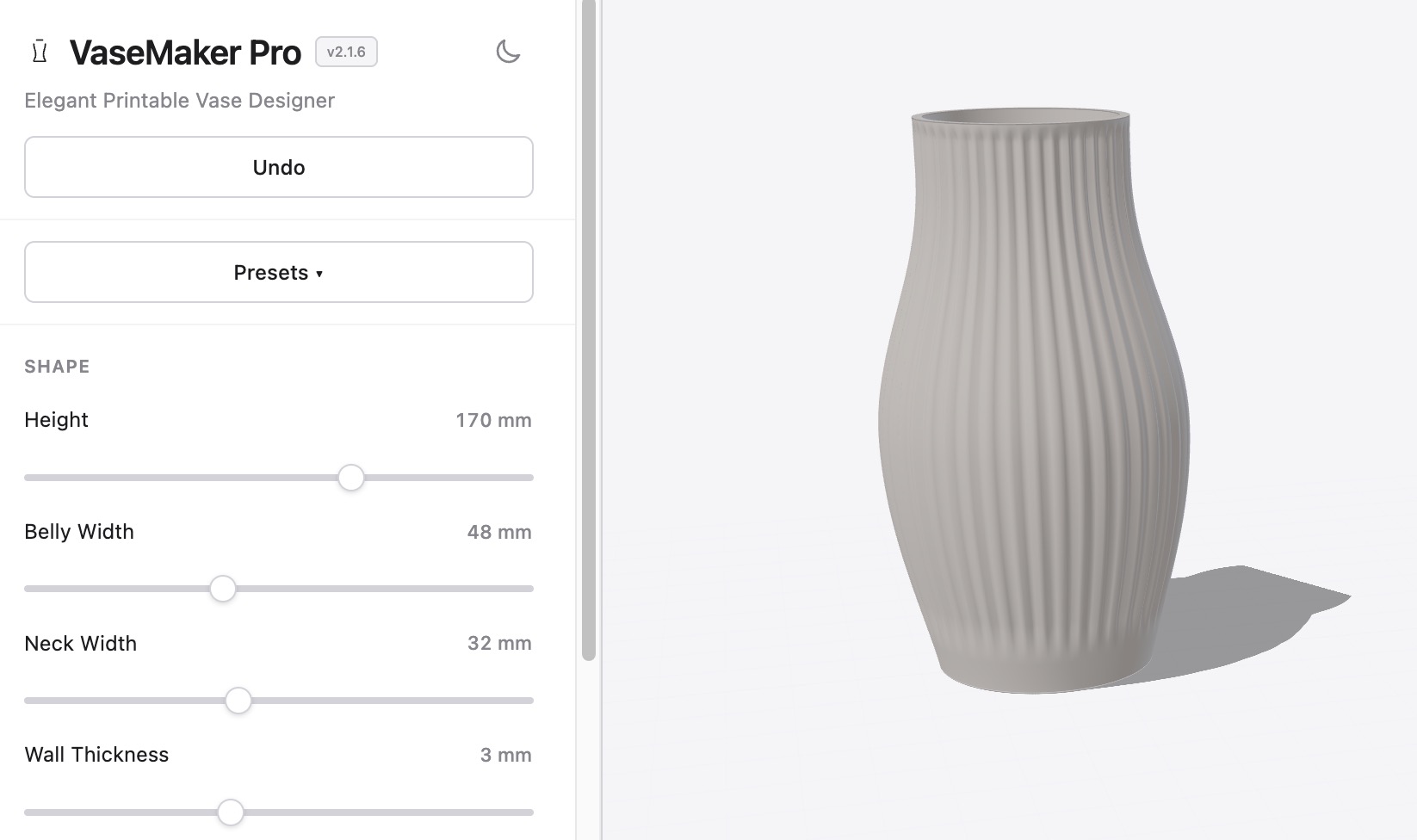VaseMaker generator interface